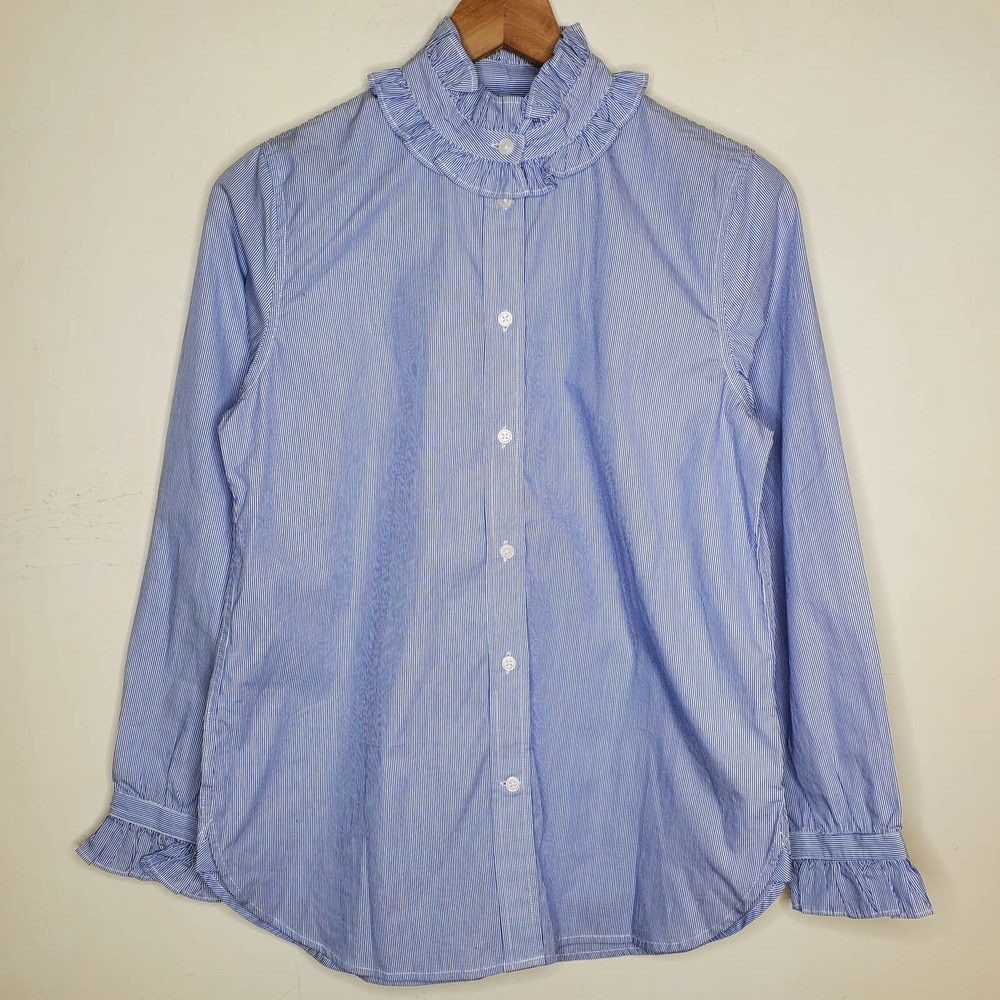 J. Crew Classic Fit Blue Ruffle Collar Button Front Blouse Feminine Work, 4